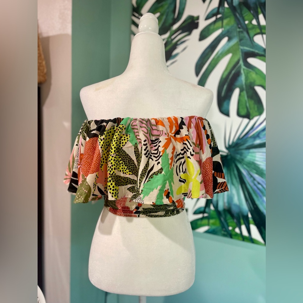 🍹Violet Sky Multicolor Tropical Off-Shoulder Crop Top🦜